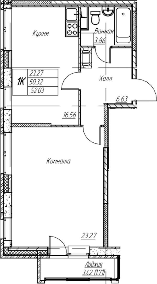 1-комнатная квартира 52.03 м², 8/22 эт., ЖК «Парк-квартал Юнтолово»